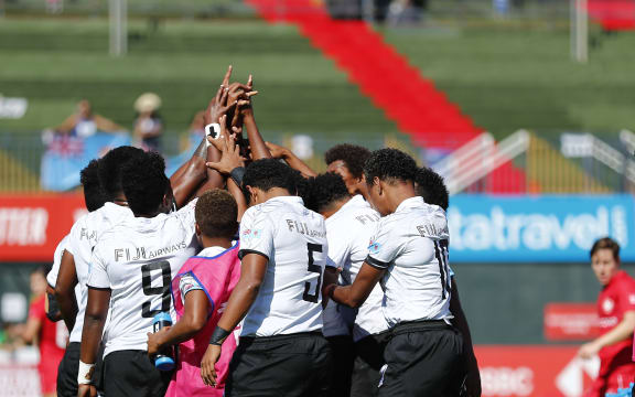 The Fijiana team huddle during the game against Canada in Dubai.