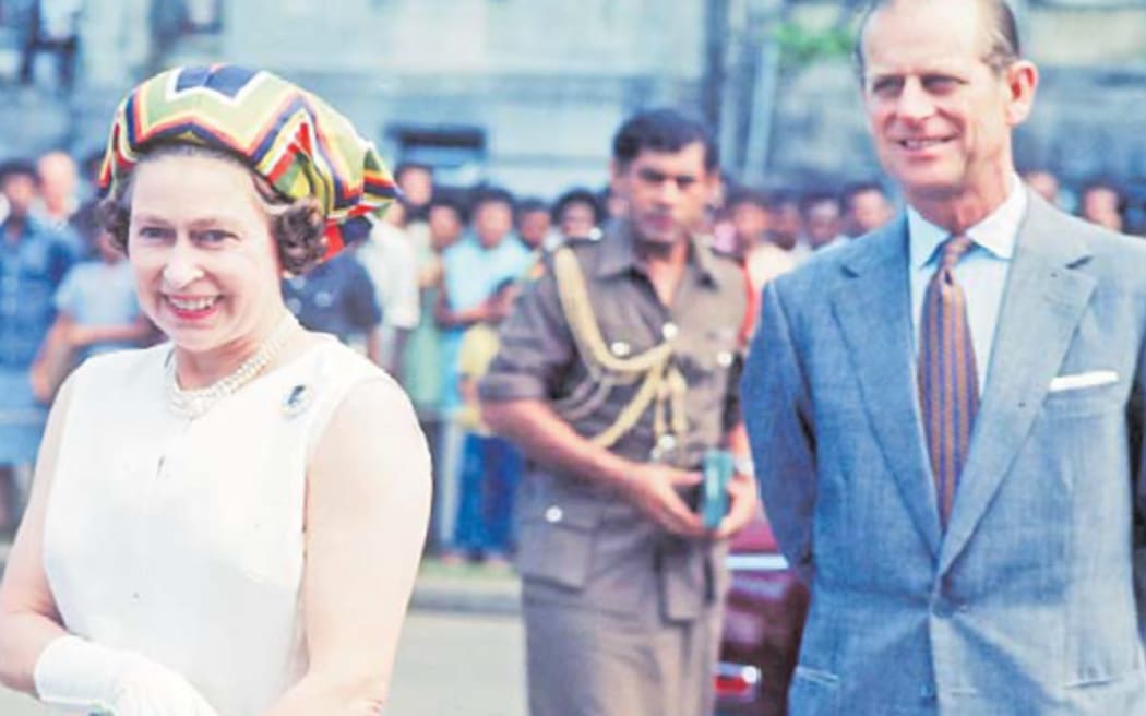 Ratu Epeli Nailatikau, back, during Queen Elizabeth II and Prince Philip’s visit to Fiji in 1977.