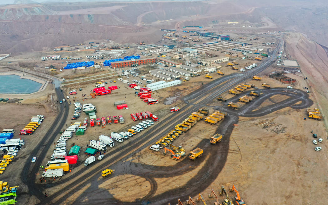 An aerial photo of rescue vehicles near the site of a collapsed coal mine in Alxa League, north China's Inner Mongolia Autonomous Region, on 23 February, 2023.