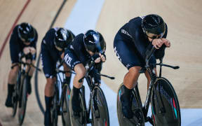 New Zealand’s Bryony Botha, Emily Shearman, Samantha Donnelly, Nicole ShieldsP contest the women's team pursuit qualifying at the Nations Cup track cycling meet in Hong Kong.
