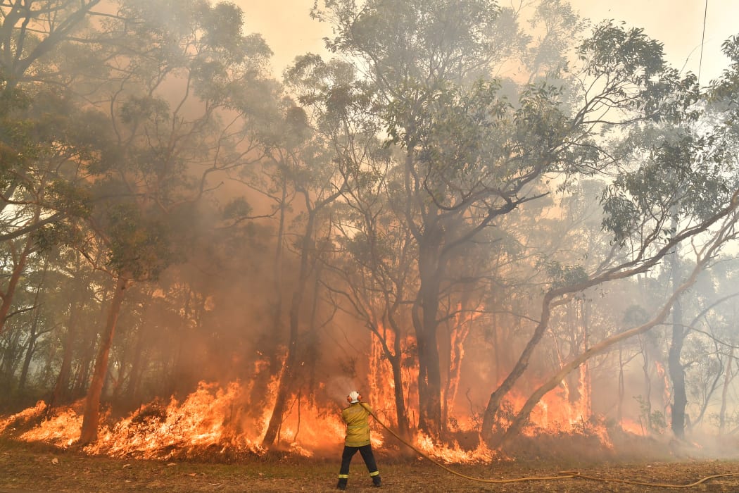 A firefighter conducts back-burning measures to secure residential areas from encroaching bushfires in the Central Coast, some 90-110km north of Sydney.