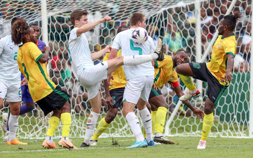 New Zealand's Tyler Bindon has a crack at scoring. OFC Men's Nations Cup 2024, Group A, Vanuatu v New Zealand, VFF Freshwater Stadium, Port Vila, Friday 21 June 2024. Photo: Shane Wenzlick / www.phototek.nz