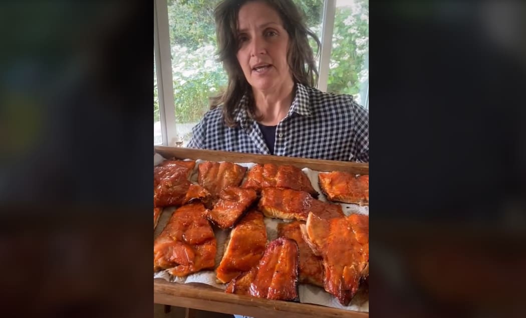 Terressa Kollat shows her TikTok followers an impressive amount of smoked kai from just two fish, a salmon and trout, which she fished.