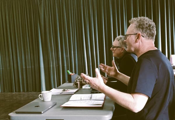 Dame Miranda Harcourt and Stuart McKenzie in rehearsal for Transmission Beta,