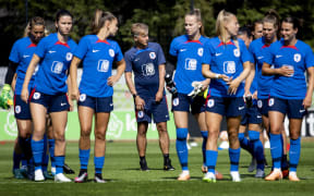 National coach Andries Jonker looks on next to Netherlands' players during a training session.