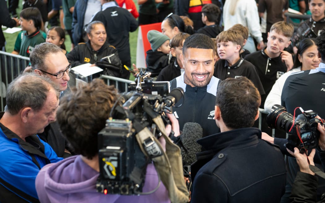 Ardie Savea speaks to media. All Blacks 2024 Season Launch at The Green Room, NZCIS, Upper Hutt, Wellington, New Zealand on Wednesday 26 June 2024. Mandatory credit: Elias Rodriguez / www.photosport.nz