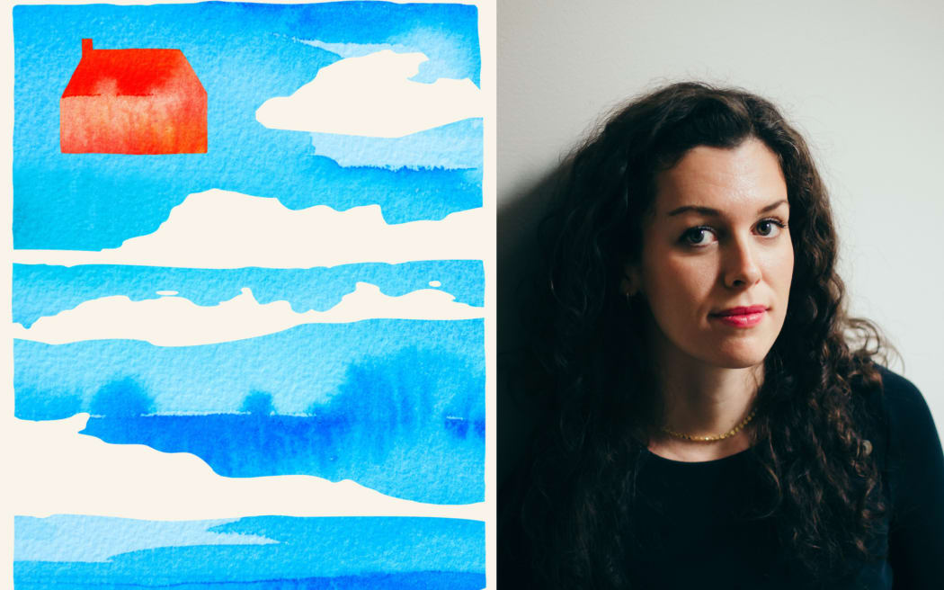 On the right is a cover of Alie Benge's collection of essays ‘Ithaca’. The cover shows a simple outline of a house in red, on a background of blue sky and white clouds.