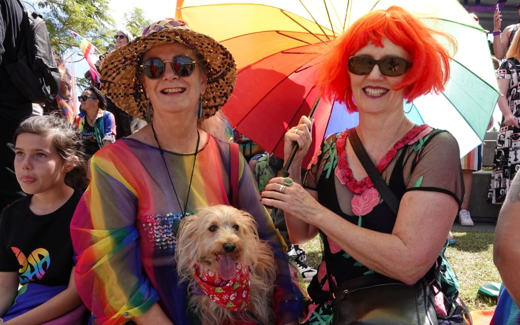 Diana and Joanna of Whangārei with their rainbow terrier Willbee.