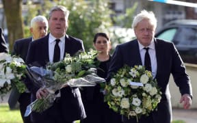 Prime Minister Boris Johnson  Leader of the Opposition Sir Keir Starmer, the Home Secretary Priti Patel and the Speaker of the House of Commons Sir Lindsay Hoyle pay their respects to the Conservative MP Sir David Amess after  , in Leigh-on-Sea, Essex, on October 16, 2021.