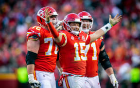 Kansas City Chiefs quarterback Patrick Mahomes (15) celebrates.