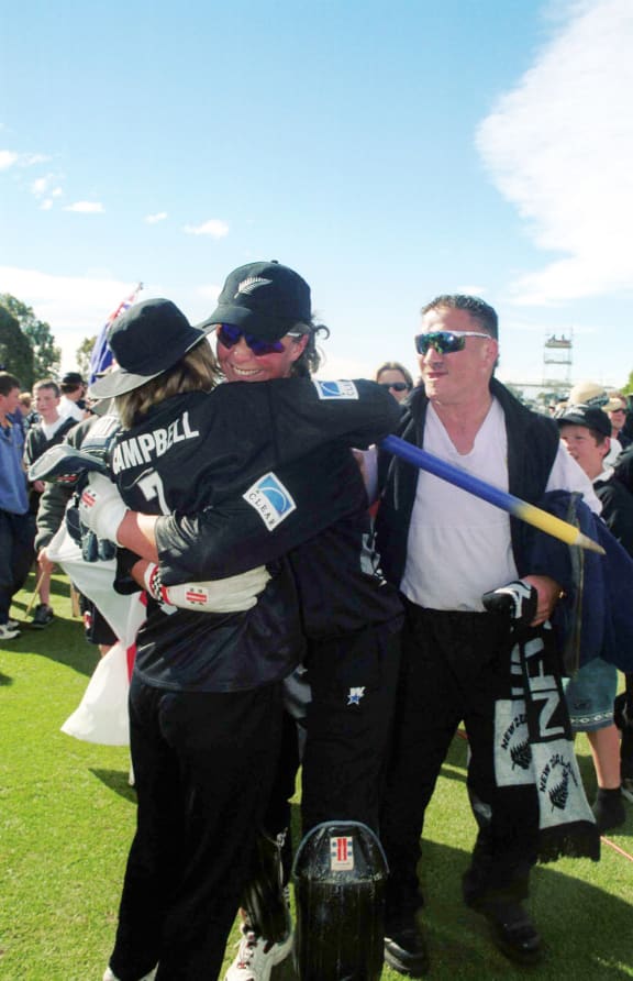 Catherine Campbell and Rebecca Rolls embrace after winning the final of the Womens Cricket World Cup 2000 played at Bert Sutcliffe Oval, Lincoln, New Zealand 23 December 2000. NZ women won by 4 runs. Photo: Sandra Teddy/Photosport.co.nz