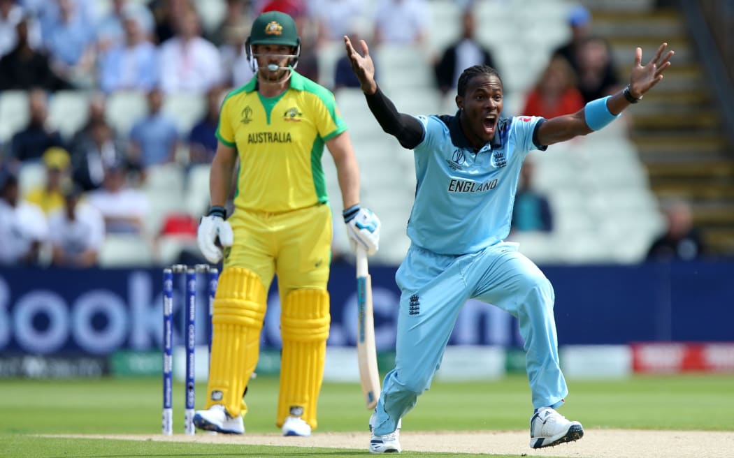 Jofra Archer successfully appeals for the wicket of Australia captain Aaron Finch.