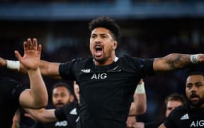 Ardie Savea performing the haka before the All Blacks Test against Australia in Perth in 2019.