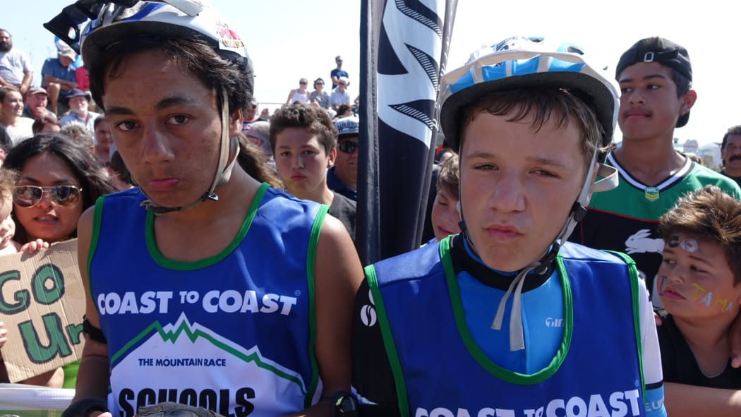 Taitama Tukaki and Bryce Adamson at the finish of the Coast to Coast race.