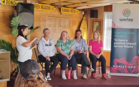 NZ women surfing icons Jonette Mead, Nicky Murden, Maxine Valentine and Gina Sampson take part in the Great Wahine Surf Reunion panel discussion with Tamizan Nanji of the Aotearoa Women's Surfing Association at the New Plymouth Surfriders Club