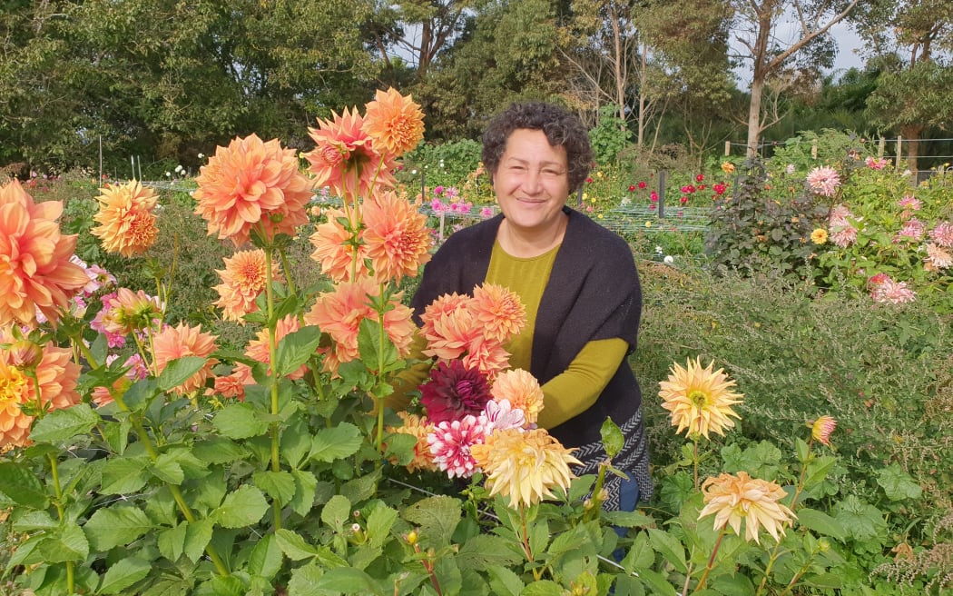 Natalie among her dahlias