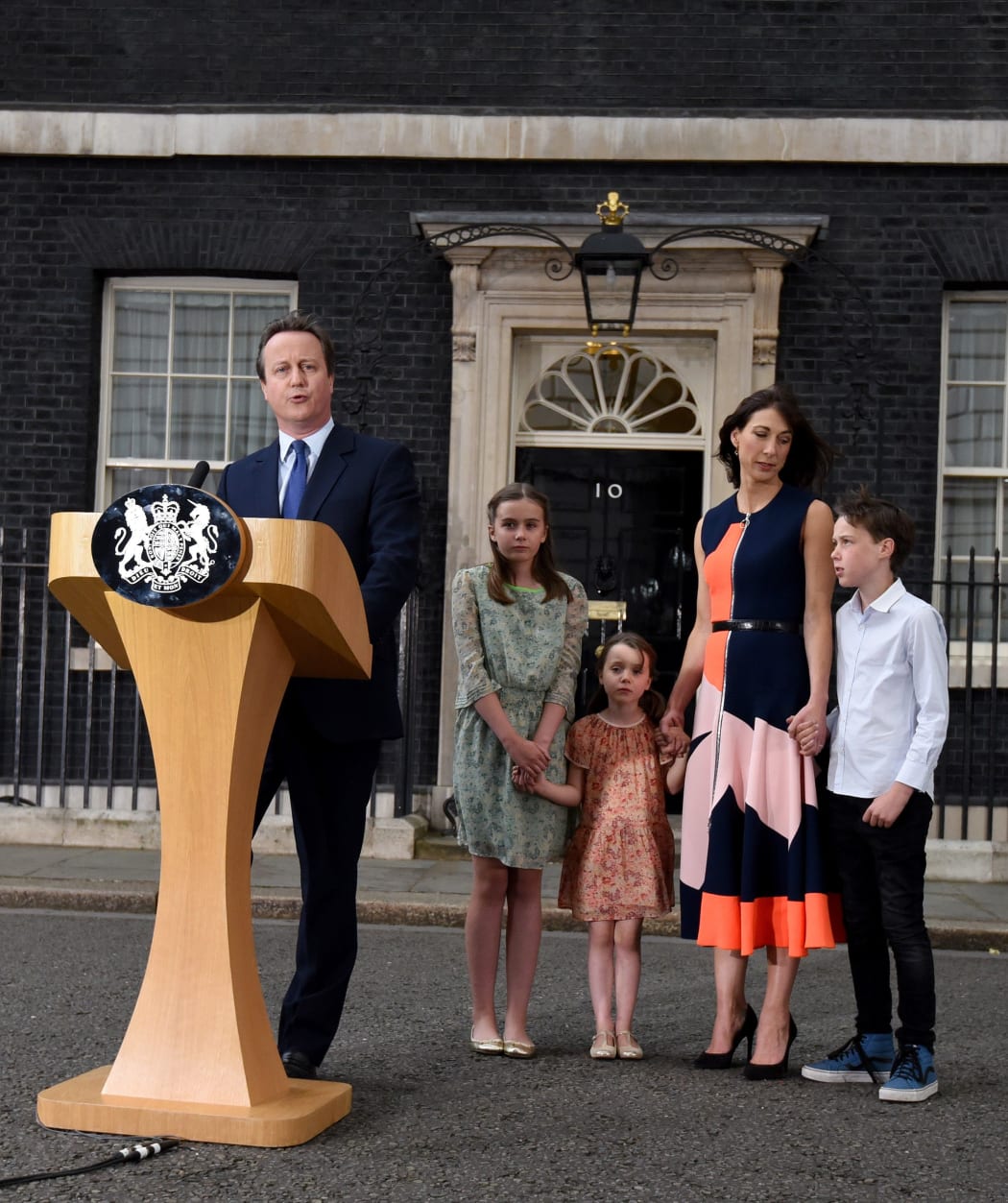 David Cameron leaves Downing Street for the last time with his wife Samantha Cameron and children Nancy Cameron, Arthur Cameron and Florence Cameron on his way to Buckingham Palace on July 13, 2016 in London, England.