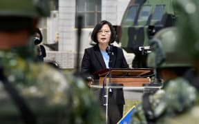 Taiwan President Tsai Ing-wen delivers her address to soldiers amid the COVID-19 coronavirus pandemic during her visit to a military base in Tainan, southern Taiwan.