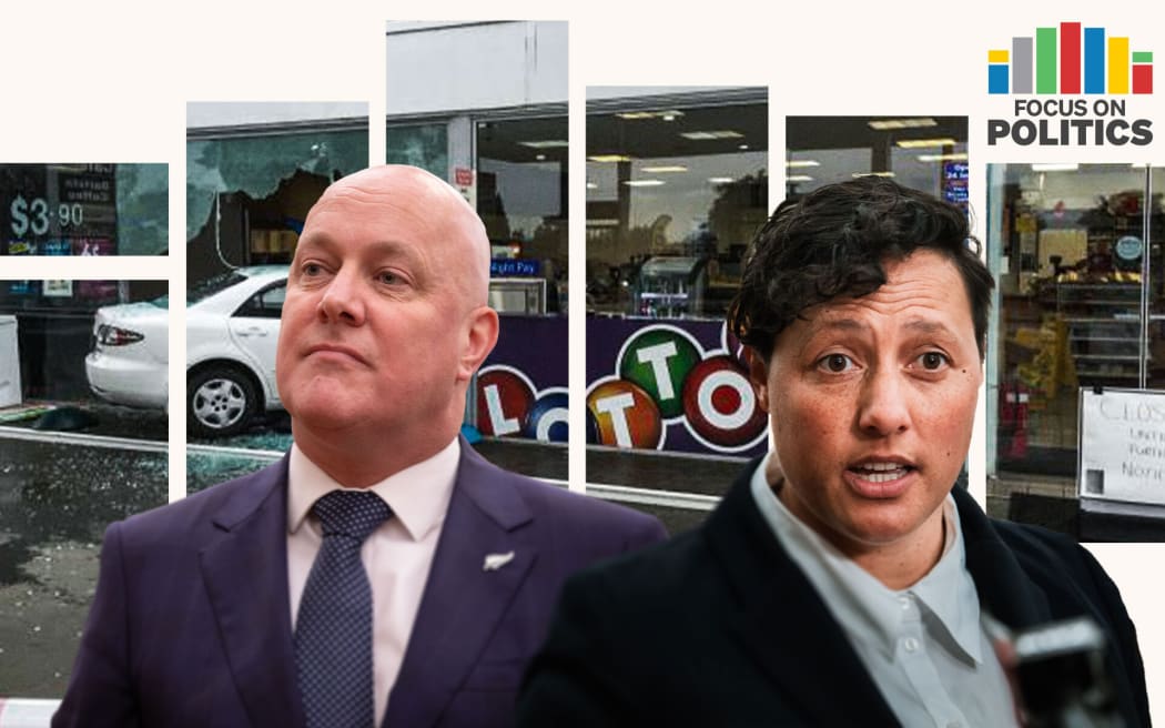 A Focus on Politics branded graphic shows Chris Luxon and Kiri Allan in front of a depiction of a ram raid.