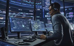 Cyber security specialist working on a computer in a control room with multiple screens. (Photo by GORODENKOFF PRODUCTIONS/SCIENCE / GPR / Science Photo Library via AFP)