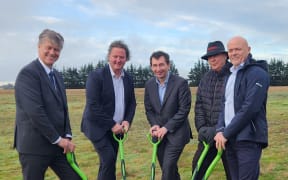 Officials, including Energy Minister Simeon Brown (centre), marked the start of the solar farm's construction with a sod-turning ceremony on 27 August 2024.