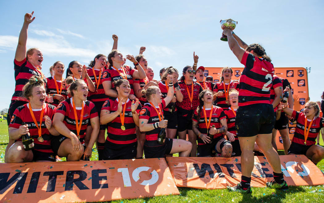Stephanie Te Ohaere-Fox  hold up the Farah Palmer cup to team mates after winning the Farah Palmer Cup Final rugby match, Canterbury v Auckland, Rugby Park, Christchurch, New Zealand, 26th October 2019.Copyright photo: John Davidson / www.photosport.nz