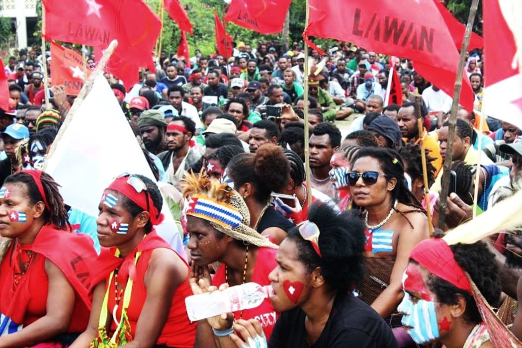 West Papuans demonstrate support for the United Liberation Movement for West Papua's bid to be a full member of the Melanesian Spearhead Group.