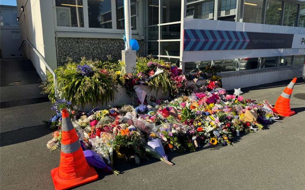 Flowers outside the Nelson Police Station.