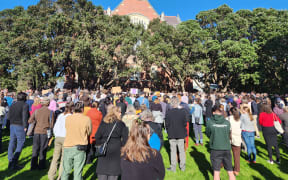 Staff and students rally at Victoria University on 21 June, 2023.
