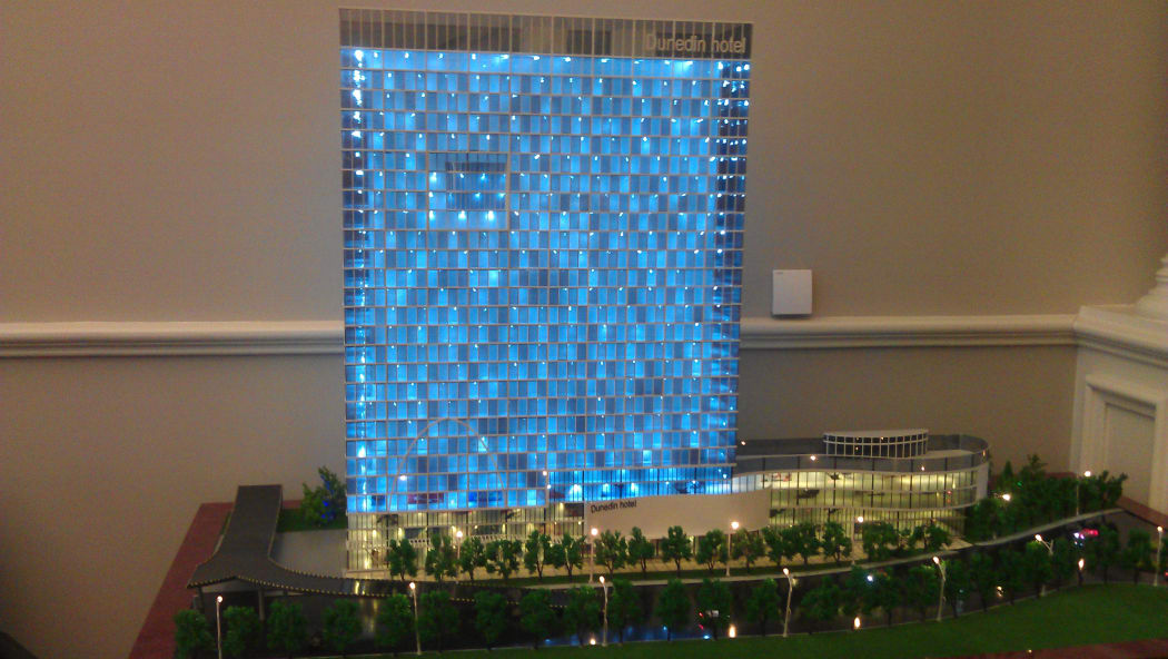 A model of the planned hotel in the hearing room.