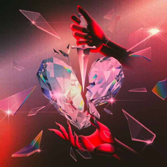 Cover image of The Rolling Stones' album 'Hackney Diamonds': disembodied hands shatter a heart-shaped diamond with a dagger