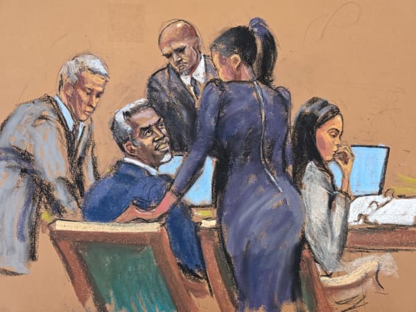 A sketch by artist Jane Rosenberg of P Diddy (Sean Combs), on trial at the Manhattan federal court, speaking to his lawyers. (May 2025)