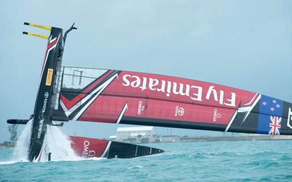 Team New Zealand capsized just moments after crossing the start line.