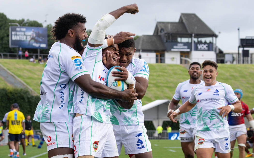 Fijian Drua replacement Taniela Rakuro celebrates scoring the match winning try against Moana Pasiﬁka, 2023.