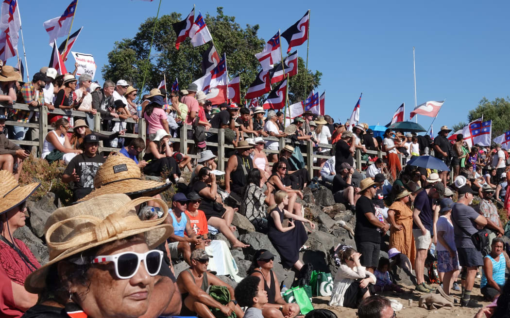 Spectator crowd Tii Beach during the waka display.