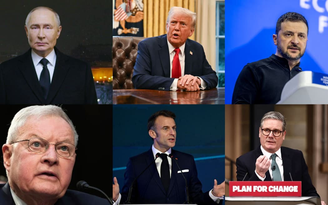 Vladimir Putin (L-R), Donald Trump, Volodymyr Zelensky, US Ukraine envoy Keith Kellogg, Emmanuel Macron and Kier Starmer.