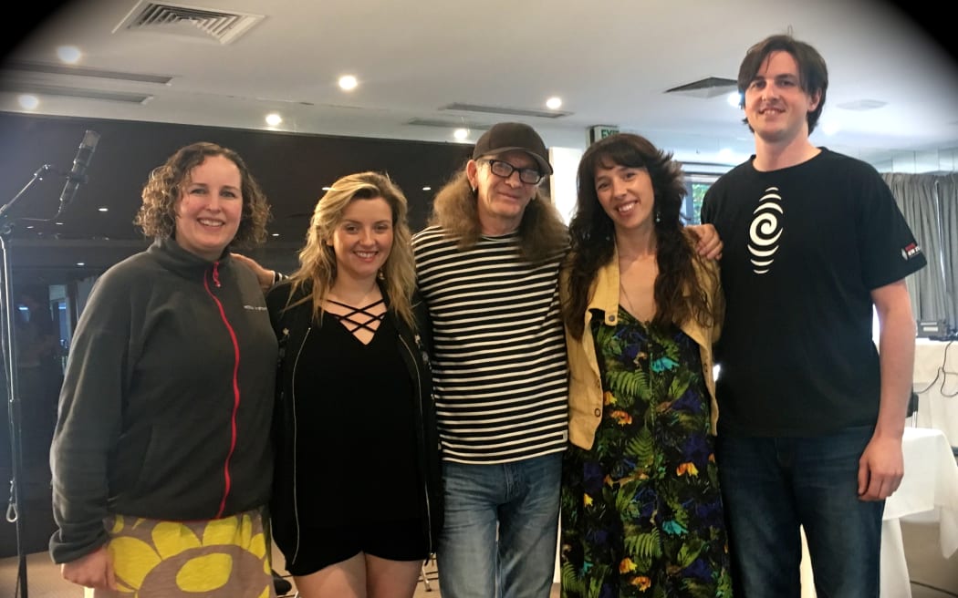 Photo: L-R: Esyllt Glyn Jones (harp, vocals), Mirain Roberts (vocals), Trevor, Lisa Jen (vox) and William Saunders (RNZ)