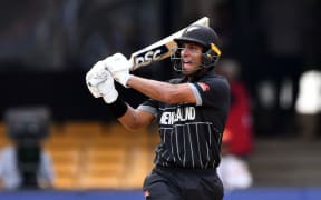 New Zealand batsman Rachin Ravindra in action against Pakistan at the 2023 Cricket World Cup.