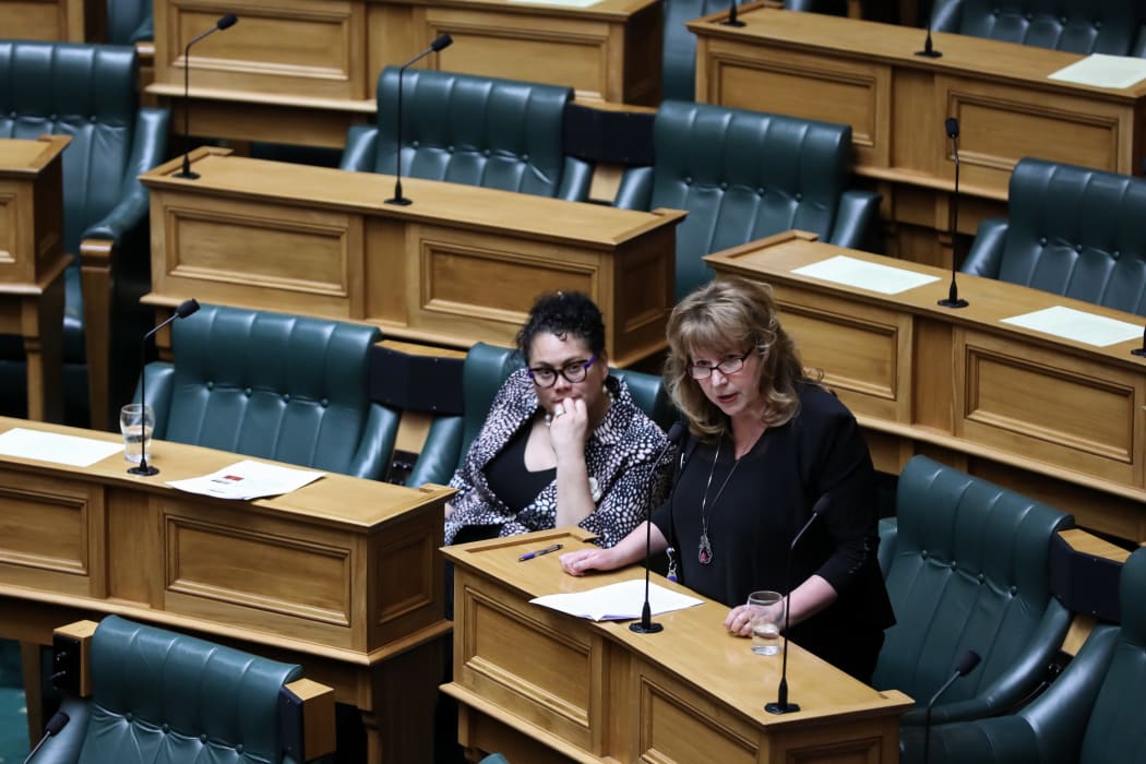 Labour MP Clare Curran speaks while fellow Labour MP Louisa Wall listens