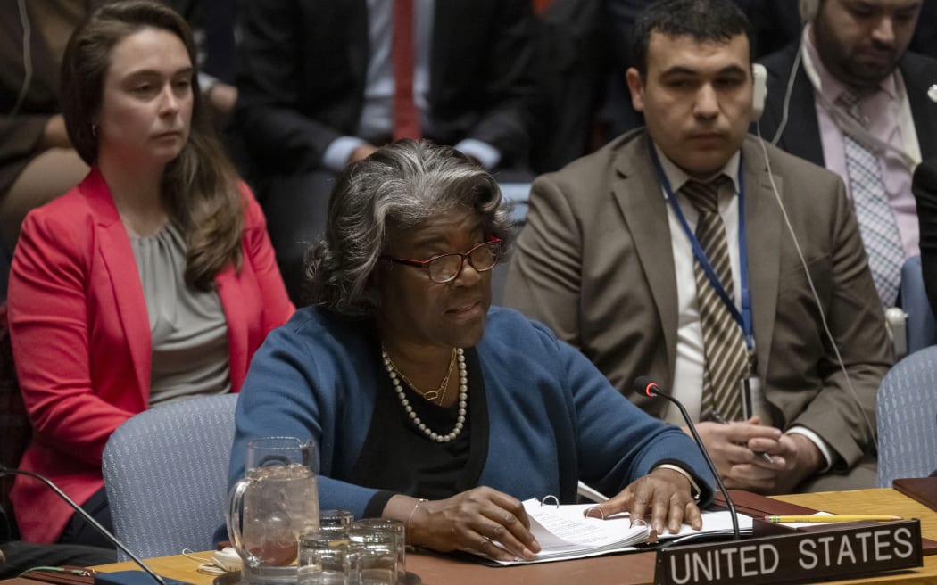 US Ambassador to the UN Linda Thomas-Greenfield speaks during a UN Security Council motion for a Gaza ceasefire and hostage deal vote at UN headquarters in New York, on March 22, 2024.