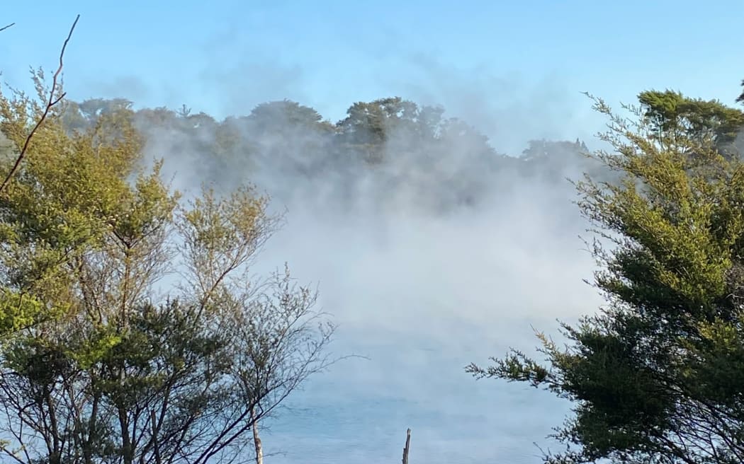 Sun is shining and steam is rising in Rotorua.
