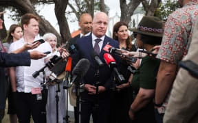 Tama Potaka, Christopher Luxon and Nicola Willis face questions from media at Rātana on Wednesday 24 January 2024.