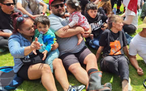 Not far short of 20 members of the whānau of Soraya Wallace (centre) joined in, including Juliana and William Webber with grandchildren Armani and Adonis, and Stevie Faatilotilo (second from the right) and Kashmir Brown-Wallace (right).