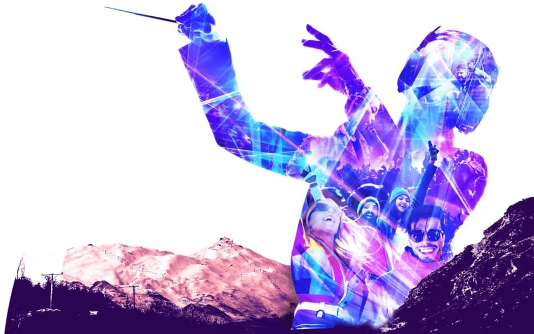 Synthony in the Snow graphic. The outline of a person conducting music is superimposed in front of a photo of mountains.