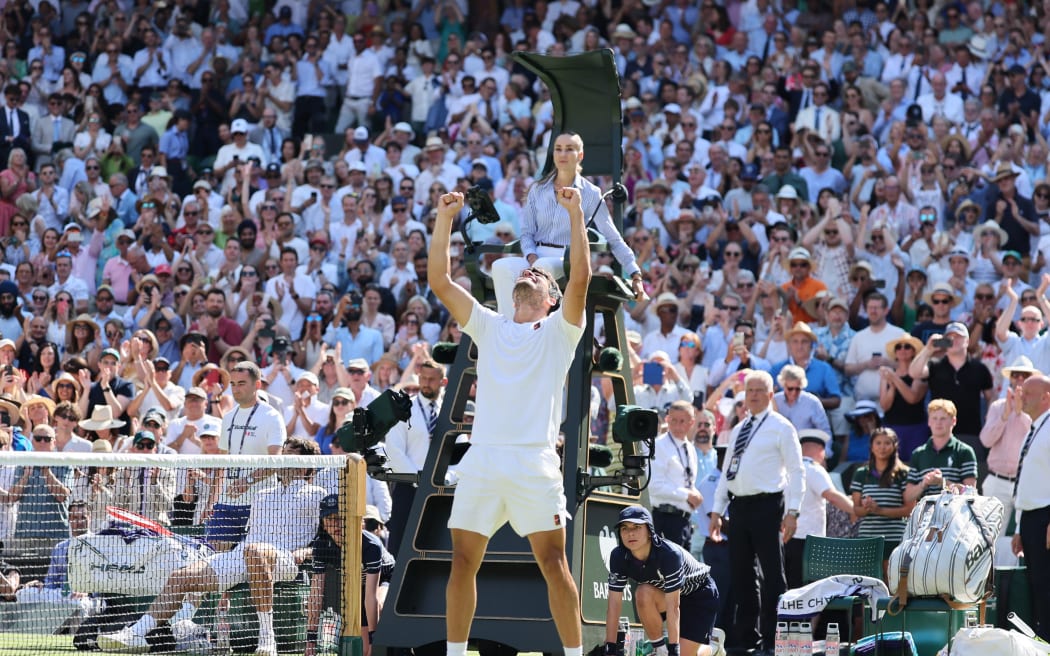 Carlos Alcaraz of Spain reacts just after winning gentlemen’s singles semi-finals match against Taylor Fritz of United States on day twelfth of the Wimbledon Championships at the All England Lawn Tennis and Croquet Club in London, England on July 11, 2025.     ( The Yomiuri Shimbun ) (Photo by Daisuke Urakami / The Yomiuri Shimbun via AFP)