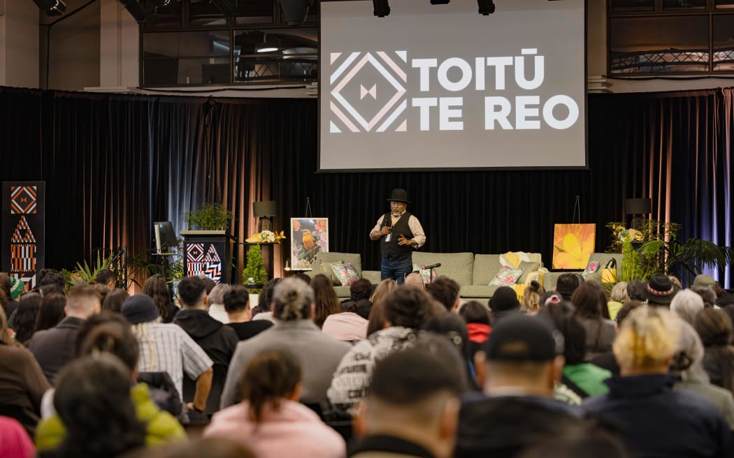 Māori activist Tame Iti speaks to a packed out crowd at Toitū Te Reo 2024.