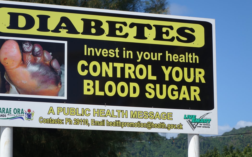 A sign to raise awareness about the dangers of diabetes, a major killer in Pacific Island countries, in Rarotonga, Cook Islands