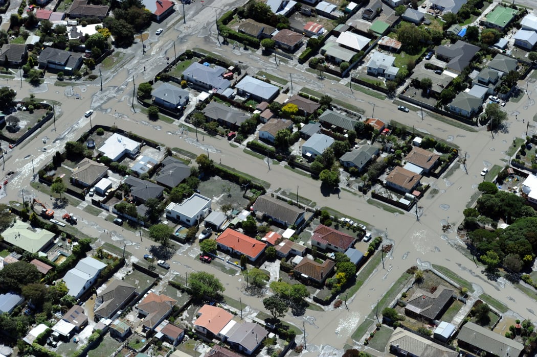 The Christchurch suburb of Bexley is flooded with silt and water forced up through the weakened ground by liquefaction following the 22 February 2011 earthquake.