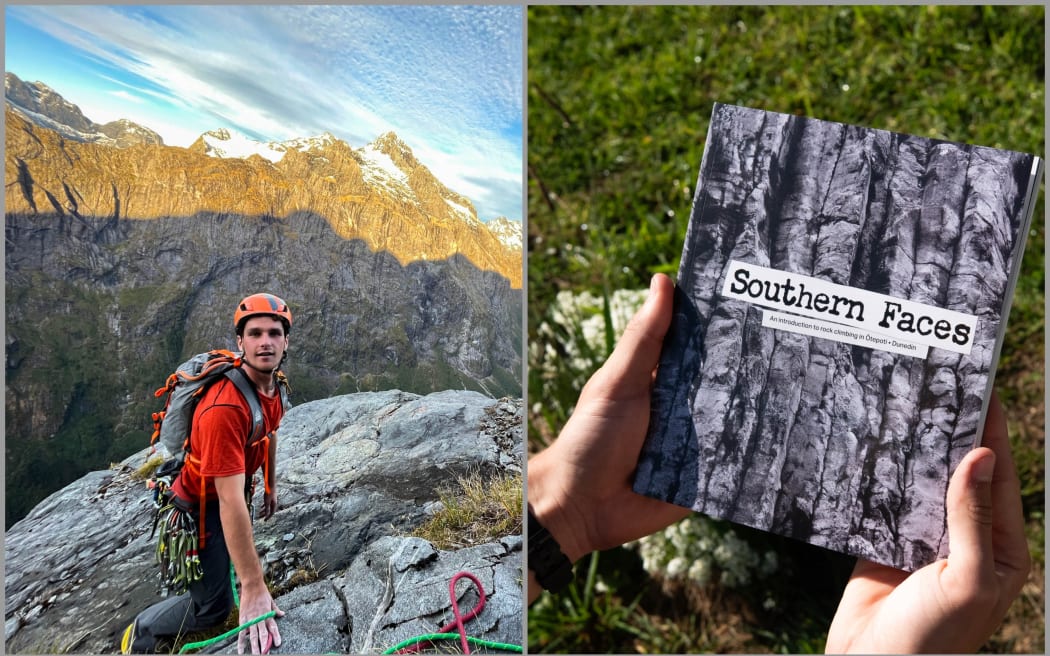 Left: Riley conquering a mountain in Fiordland. Right: his book Southern Faces.