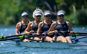 New Zealand Women’s Four...  (L to R) Phoebe Spoors, Ella Cossill, Jackie Gowler and Davina Waddy during a 2023 World Cup regatta in Switzerland